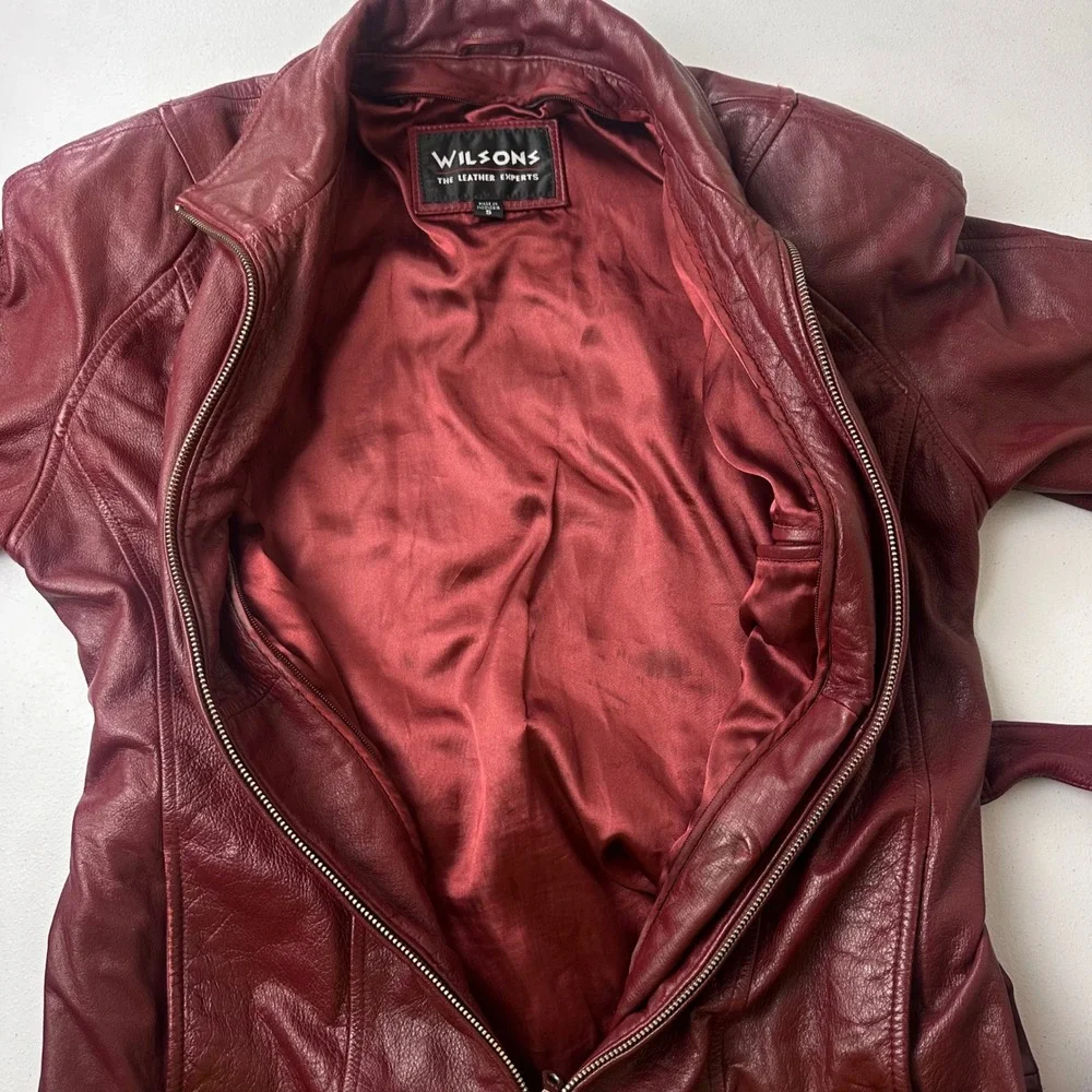 Wilsons Leather Jacket Womens Small Burgundy Zip Belted Outdoor Moto RN69426